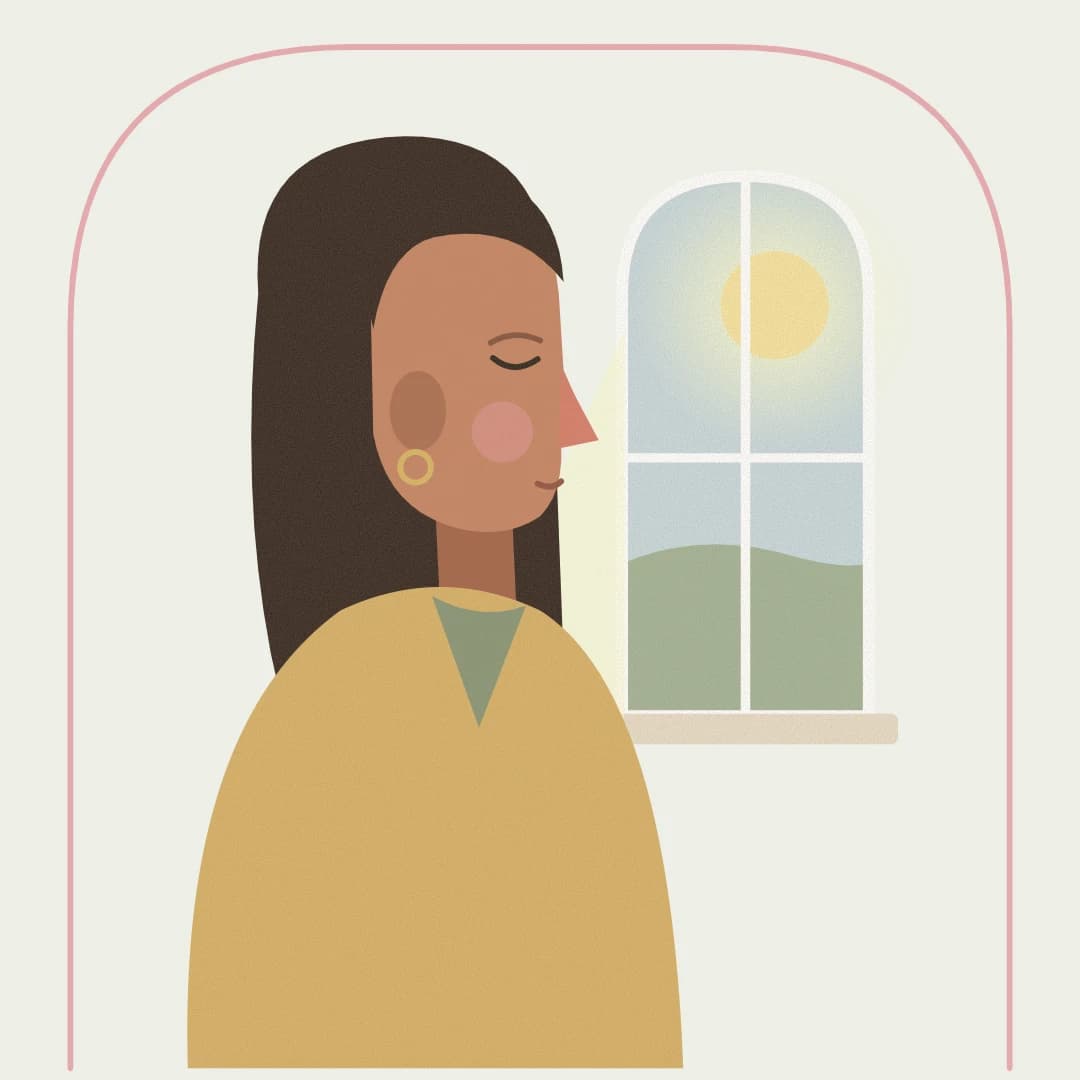 Ilustración de una mujer con los ojos cerrados junto a una ventana iluminada por el sol
