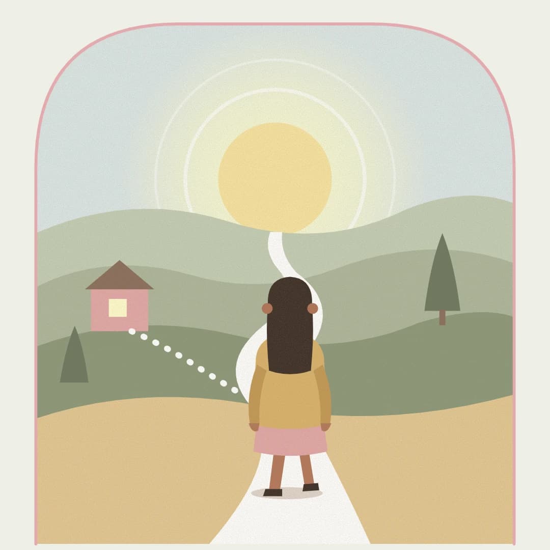 Ilustración de una mujer que camina por un sendero hacia el sol