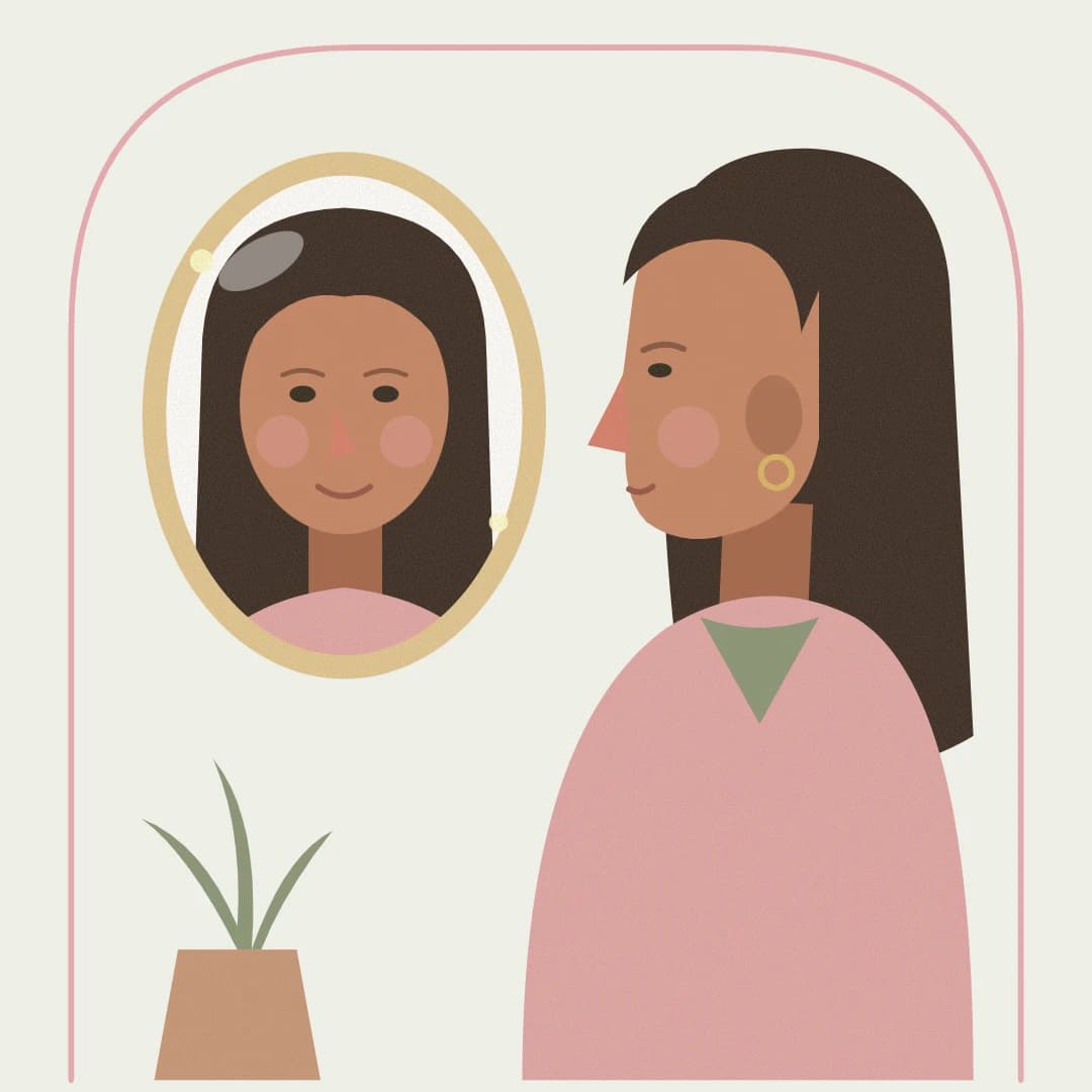 Ilustración de una mujer que se mira con calma en un espejo